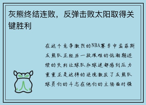 灰熊终结连败，反弹击败太阳取得关键胜利